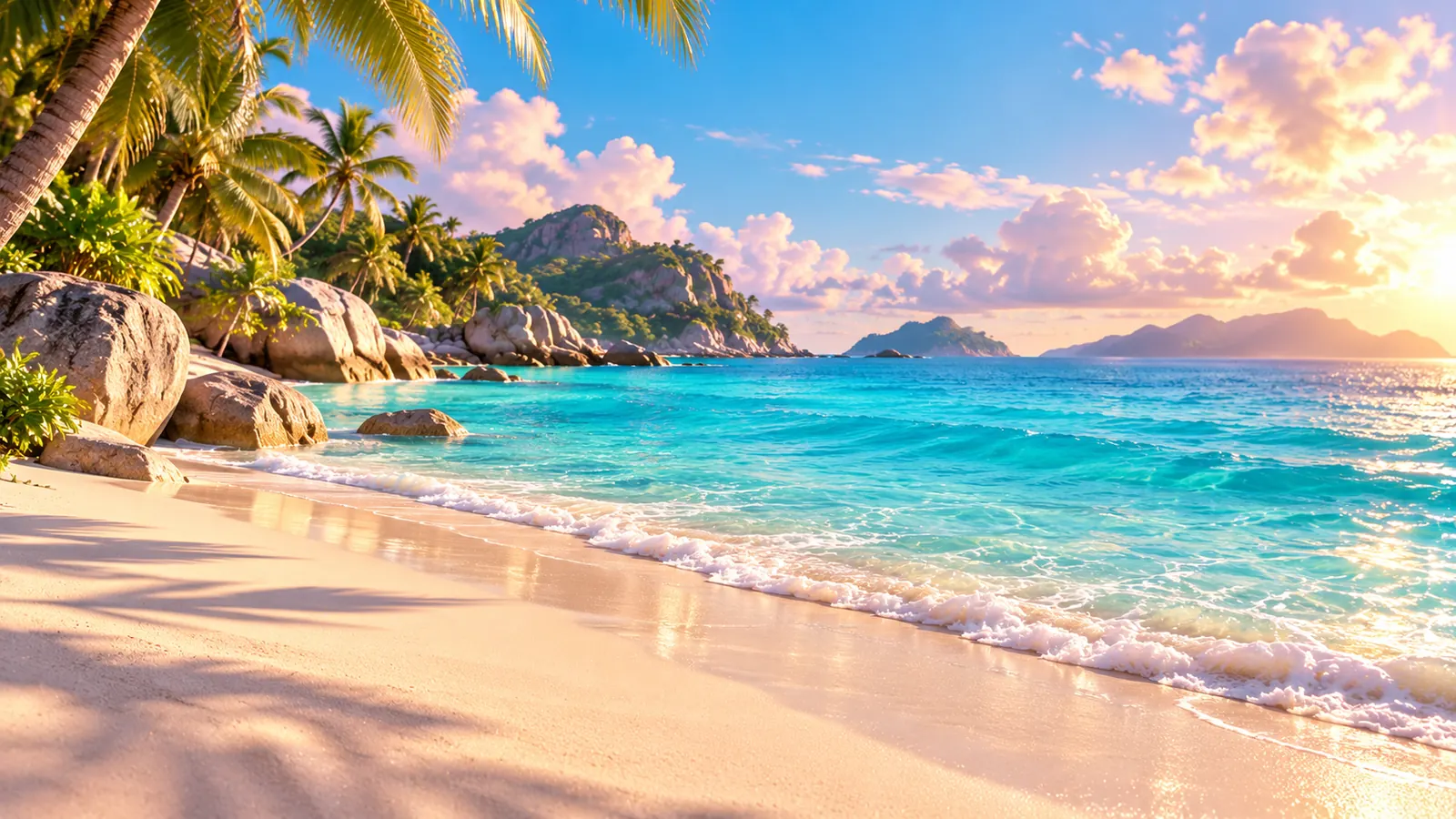 Turquoise lagoon and white sand at sunset